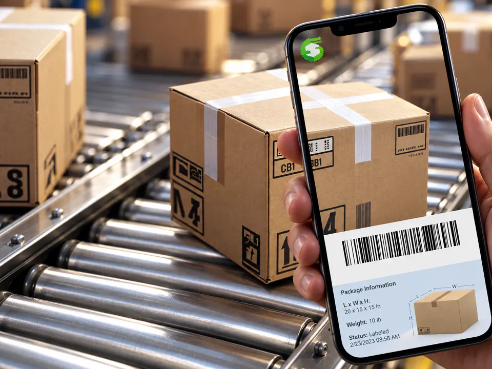 A hand holds a phone over a package on a conveyor belt, scanning its barcode with the ShipGator app