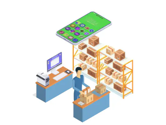 An isometric illustration of a worker packing orders next to shelves of boxes