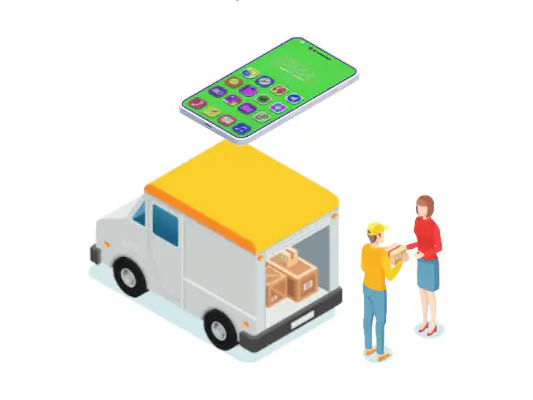 An isometric illustration of a delivery van handing off a package to a customer