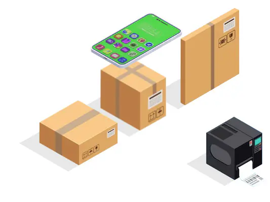 An isometric illustration of a phone scanning packages next to a label printer