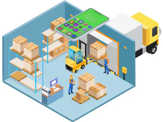 An isometric illustration of a warehouse with shelves, a forklift and a delivery truck