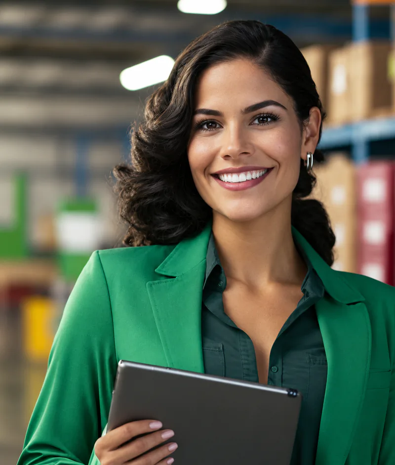 A smiling warehouse manager in a green blazer holds a tablet in front of shelves of packages